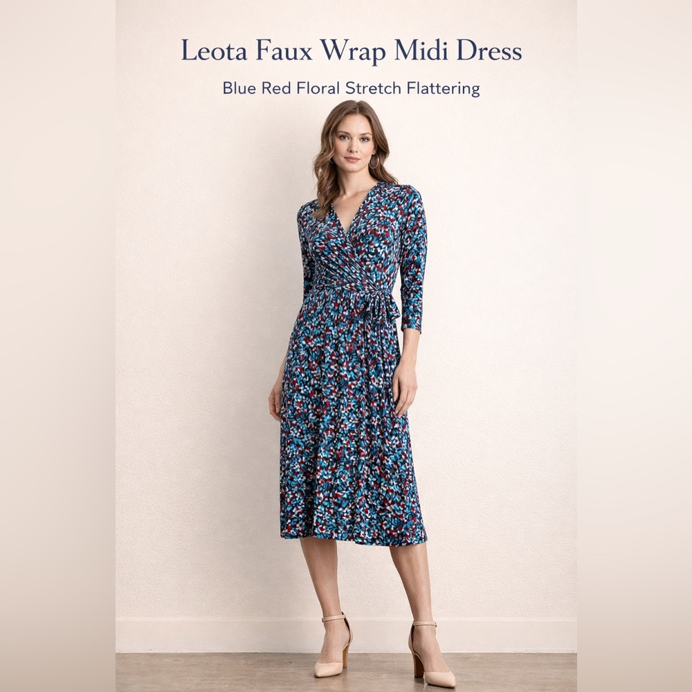 Leota Faux Wrap Midi Dress L Blue Red Floral Stretch Flattering